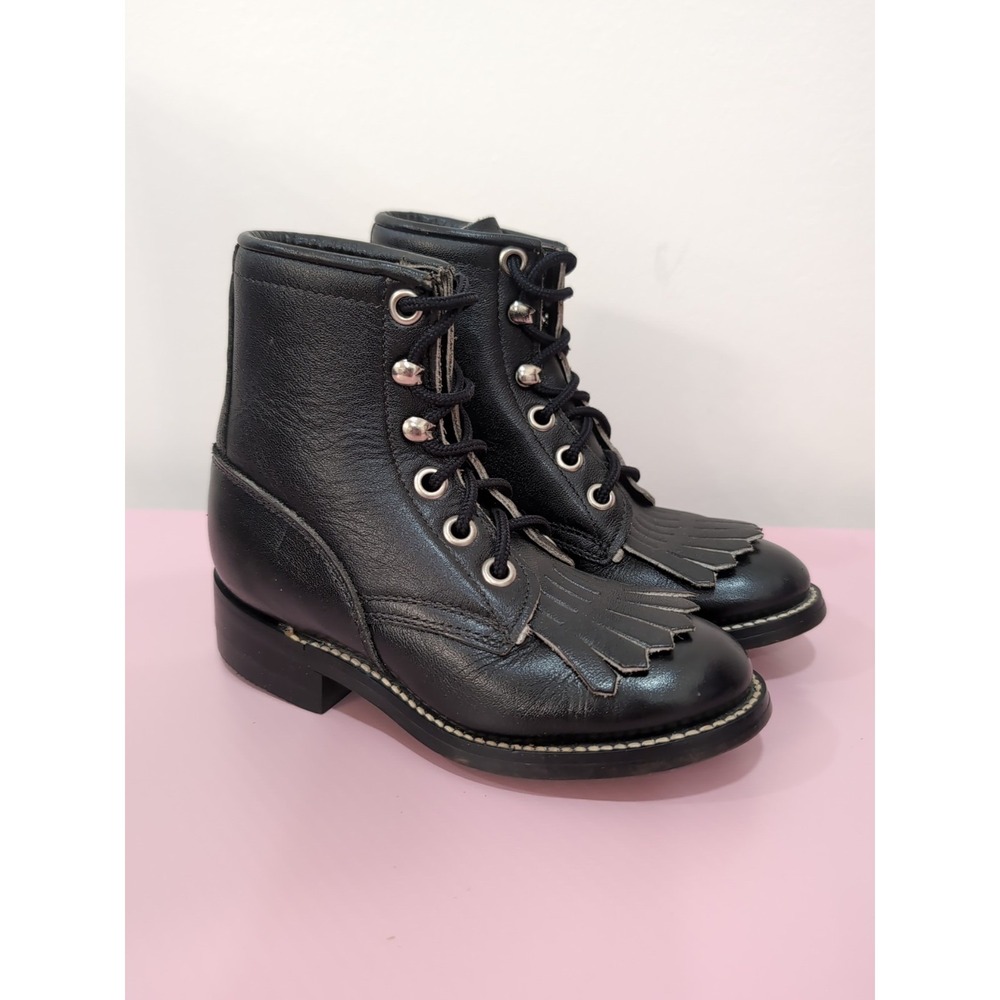 Justin Roper Lace Up Boots Youth Size 8.5 D‎ Kiltie Black Leather Western 506C